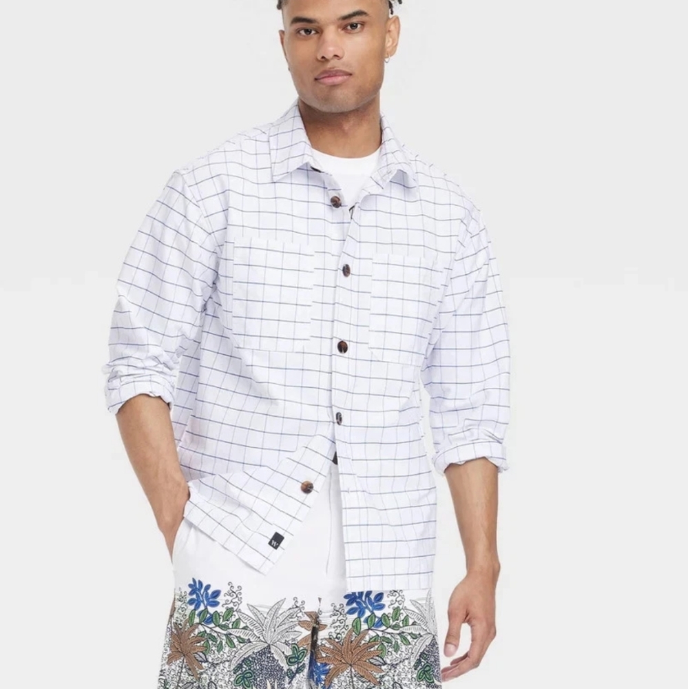 NWT Houston White Men's Long Sleeve Windowpane Button Down Shirt White Size L